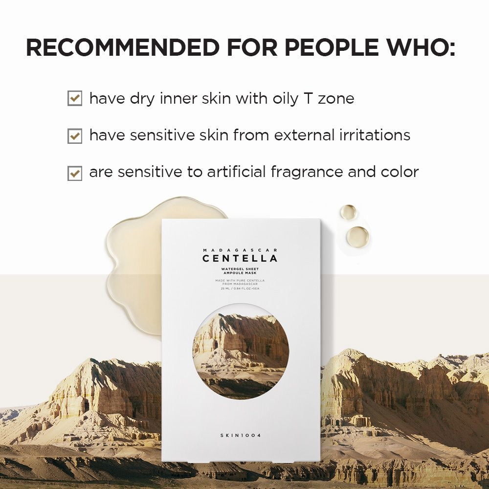 SKIN1004 Madagascar Centella Watergel Sheet Ampoule Mask (1 sheet) – Korean watergel sheet mask with Centella Asiatica ampoule, deeply hydrates and soothes irritated skin, calms redness, suitable for all skin types.