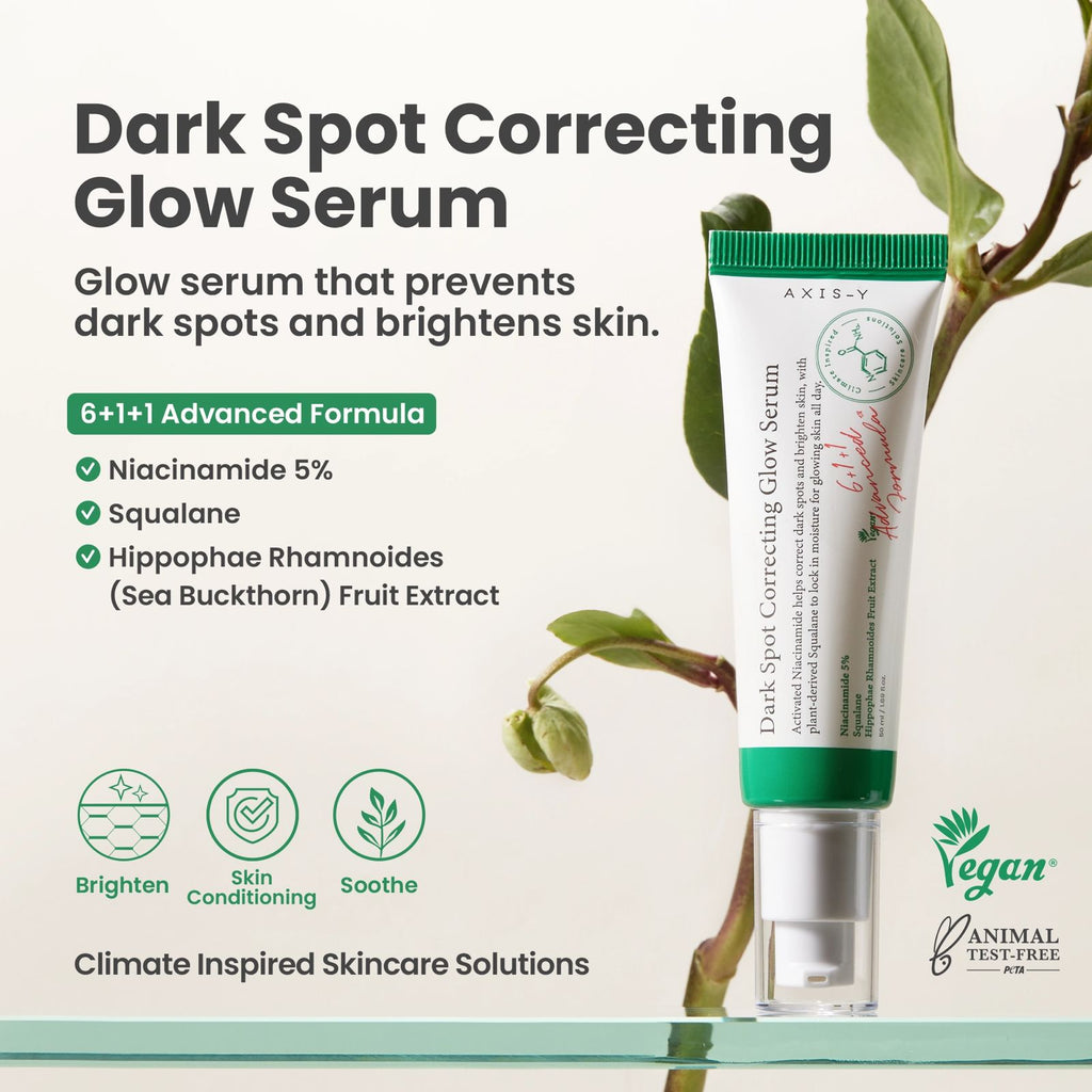 AXIS-Y Dark Spot Correcting Glow Serum 50ml – Korean brightening serum with niacinamide, reduces dark spots and hyperpigmentation, evens skin tone, boosts skin glow, lightweight and suitable for all skin types.
