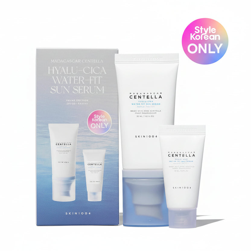 Skin1004 Hyalu-Cica Water-Fit Sun Serum Value Set 50ml + 15ml – Korean sunscreen serum duo with hyaluronic acid and Centella Asiatica, provides hydration and broad-spectrum UV protection, soothing, lightweight, suitable for all skin types.