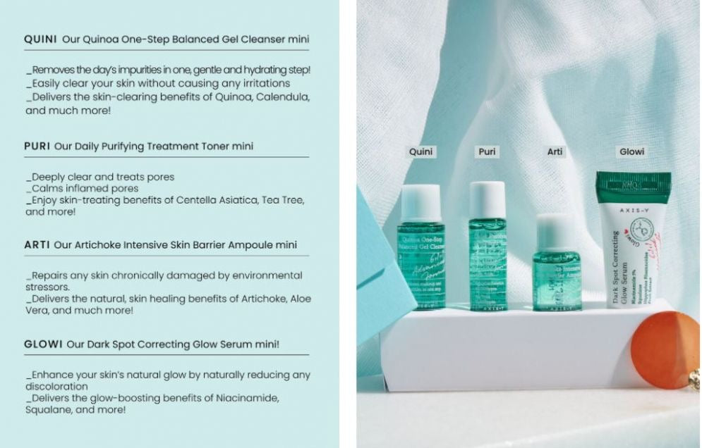 AXIS-Y The Mini Glow Set – Korean skincare travel-size set for brightening and hydration, improves skin glow and texture, gentle formulas suitable for all skin types, ideal starter or trial set.
