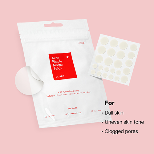 Cosrx Acne Pimple Master Patch packaging with patches on a pink background