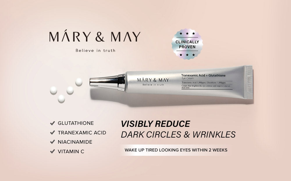 MARY & MAY Tranexamic Acid + Glutathione Eye Cream 12ml – Korean brightening eye cream, helps reduce dark circles and pigmentation, hydrates and firms under-eye skin, improves elasticity, suitable for all skin types.