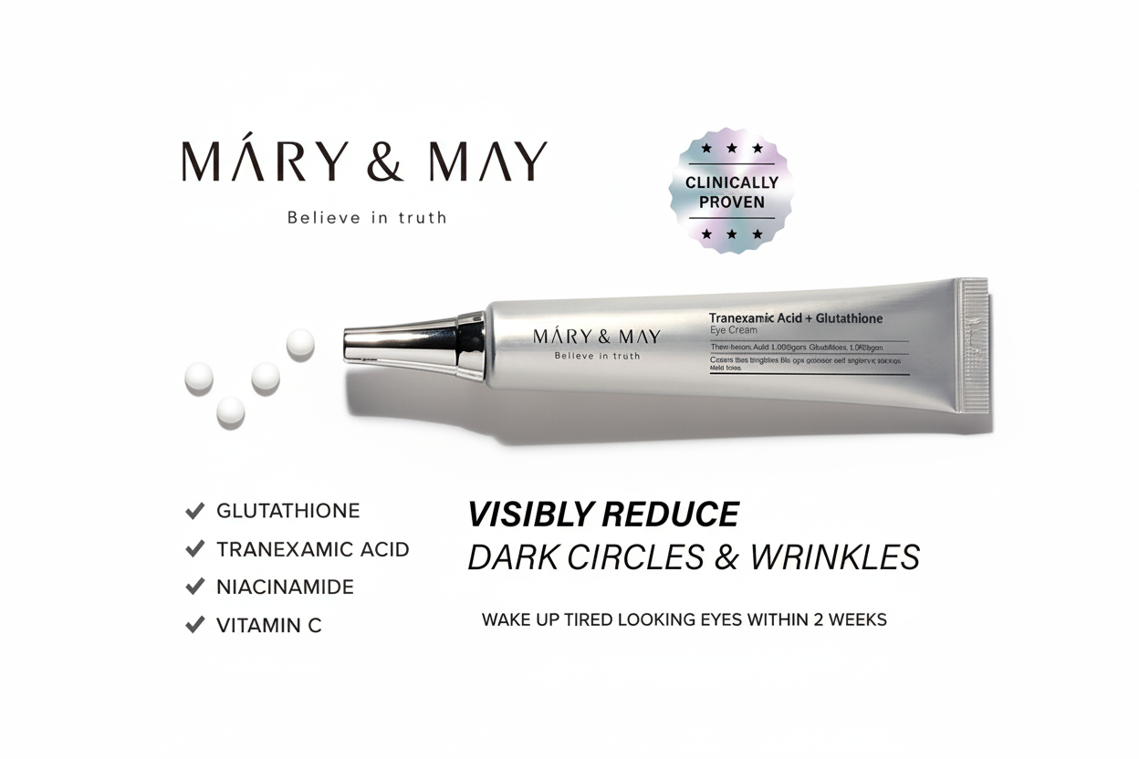 MARY & MAY Tranexamic Acid + Glutathione Eye Cream 12ml – Korean brightening eye cream, helps reduce dark circles and pigmentation, hydrates and firms under-eye skin, improves elasticity, suitable for all skin types.