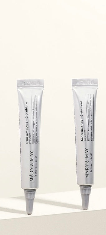 MARY & MAY Tranexamic Acid + Glutathione Eye Cream 12ml – Korean brightening eye cream, helps reduce dark circles and pigmentation, hydrates and firms under-eye skin, improves elasticity, suitable for all skin types.