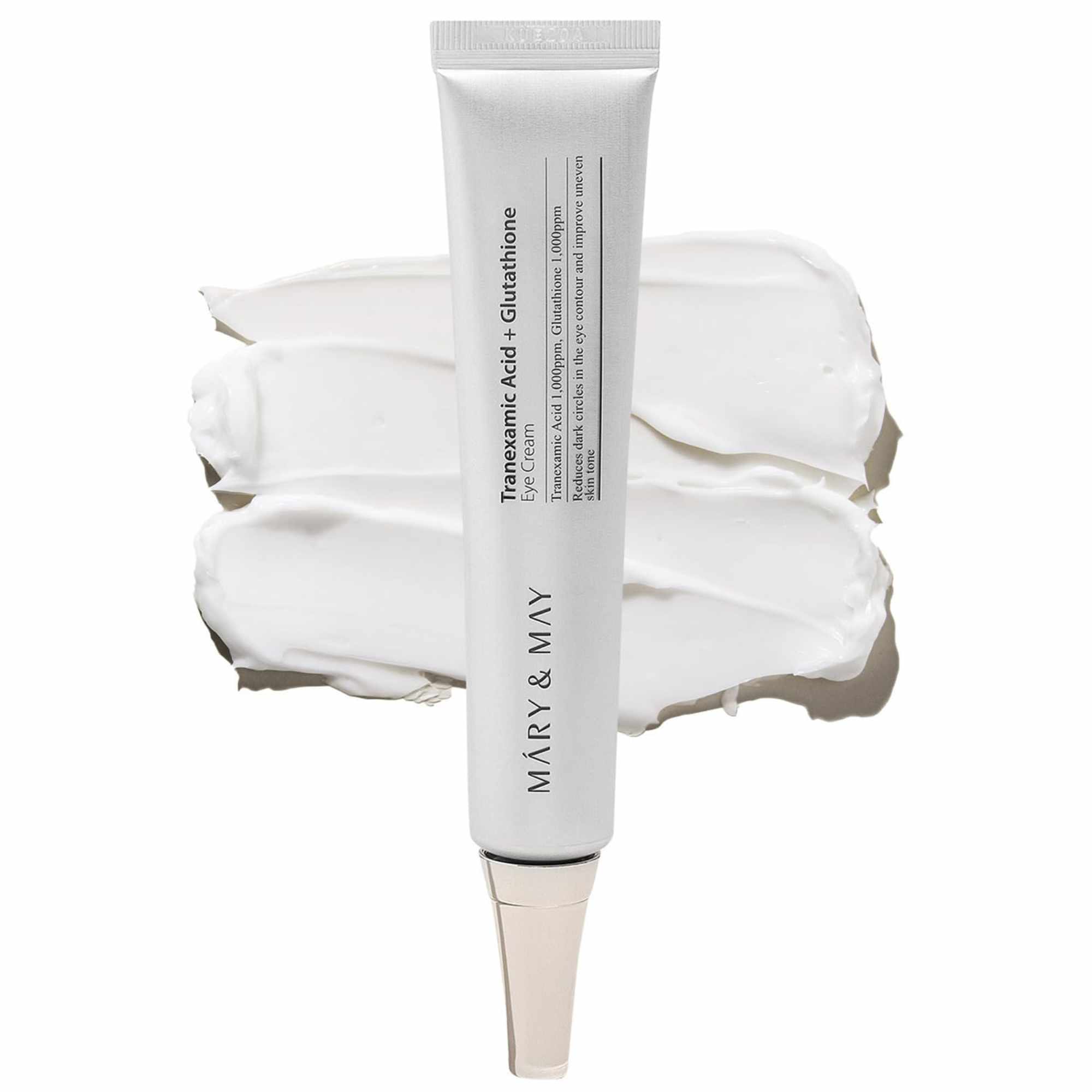 MARY & MAY Tranexamic Acid + Glutathione Eye Cream 30ml – Korean brightening eye cream, reduces dark circles and pigmentation, firms and hydrates under-eye skin, improves elasticity, suitable for all skin types.